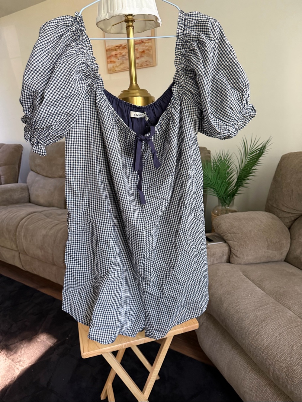 Navy Gingham Puff-Sleeve Peasant Romper